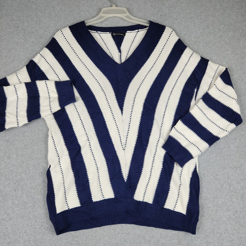 PrettyGarden Sweater Womens XL Navy White Tight Knit Striped‎ V-Neck Oversized